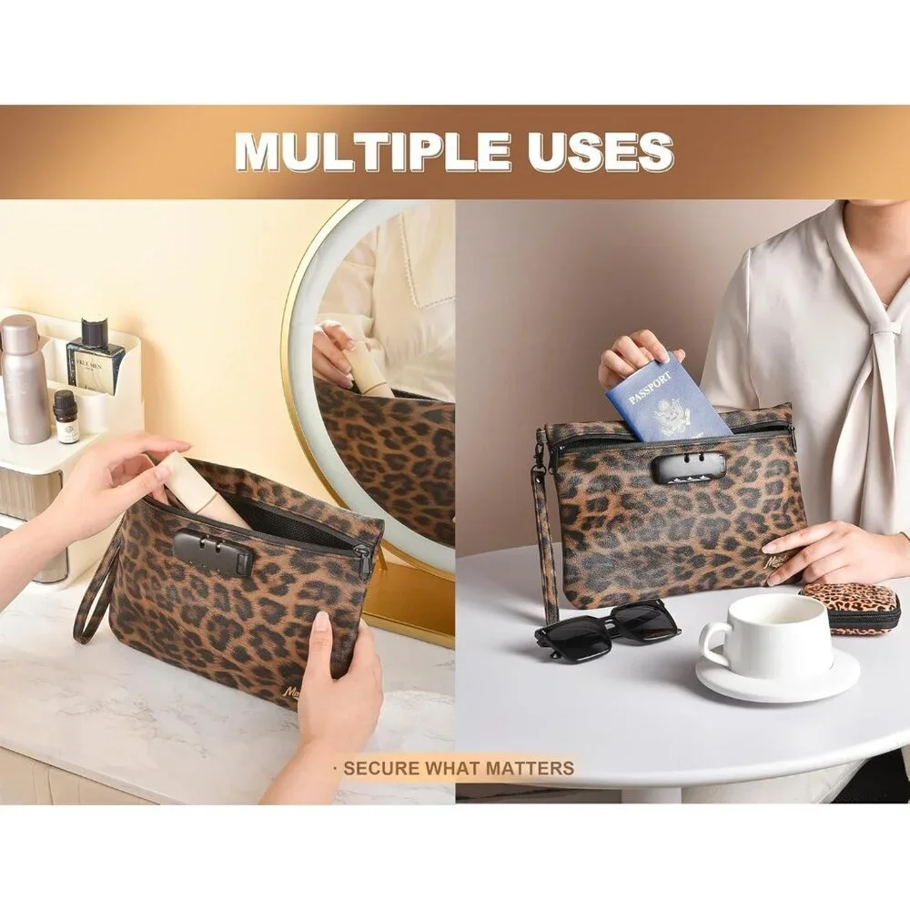 Travel Storage Bag Faux Leather Leopard Compact Lockable Organizer for Cosmetics